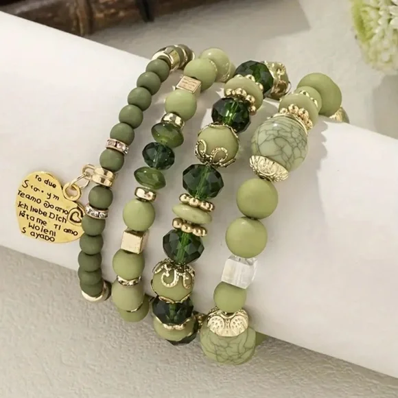 Elegant Green and Gold Beaded Bracelet Set - Picture 2 of 2